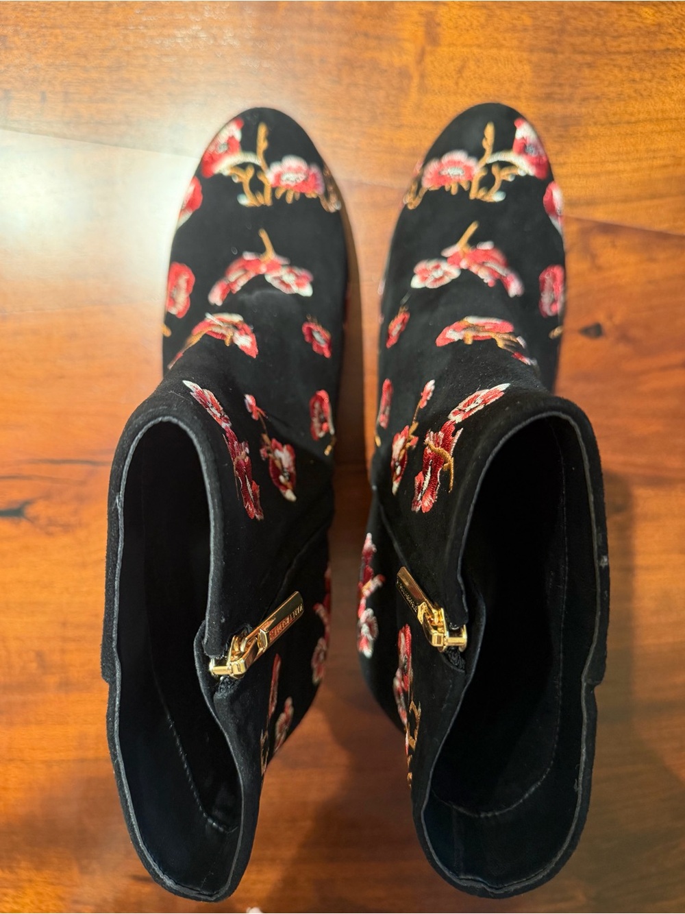 Karl Lagerfeld Black Ankle Boots with Red Floral Embroidery - Picture 2 of 5